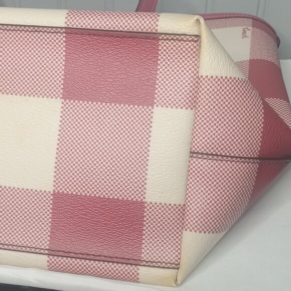 Coach City Red Buffalo Plaid Print PVC & Leather Zip Top Tote - Picture 11 of 15